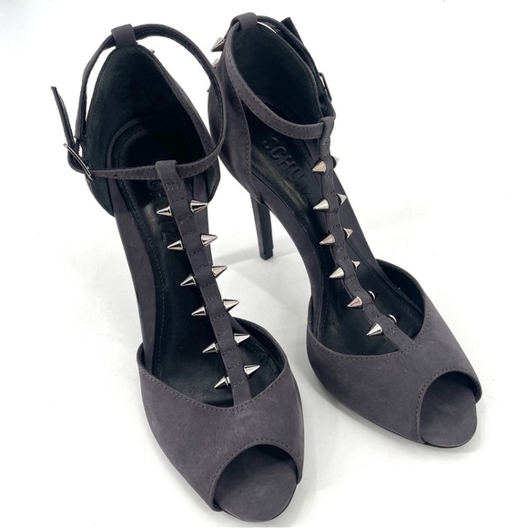 Schutz NEW Benten Spiked Gray Suede Strappy Open Toe T Strap Dress Pump Heel - Picture 5 of 7